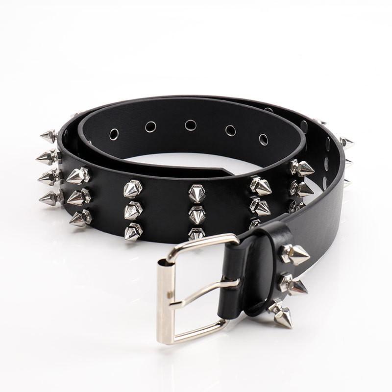 Gothic Punk Belt Men Women 3-Row Spike Rivet PU Leather Versatile Jeans