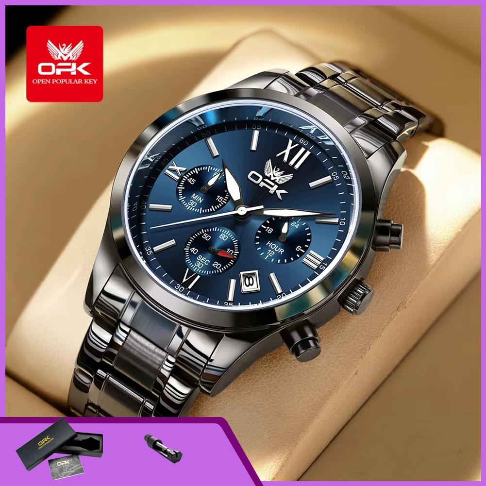OPK 6052 Chronograph Quartz Wristwatch Original Steel Strap Waterproof Luminous Calendar Fashion Elegant Men's Business Watches
