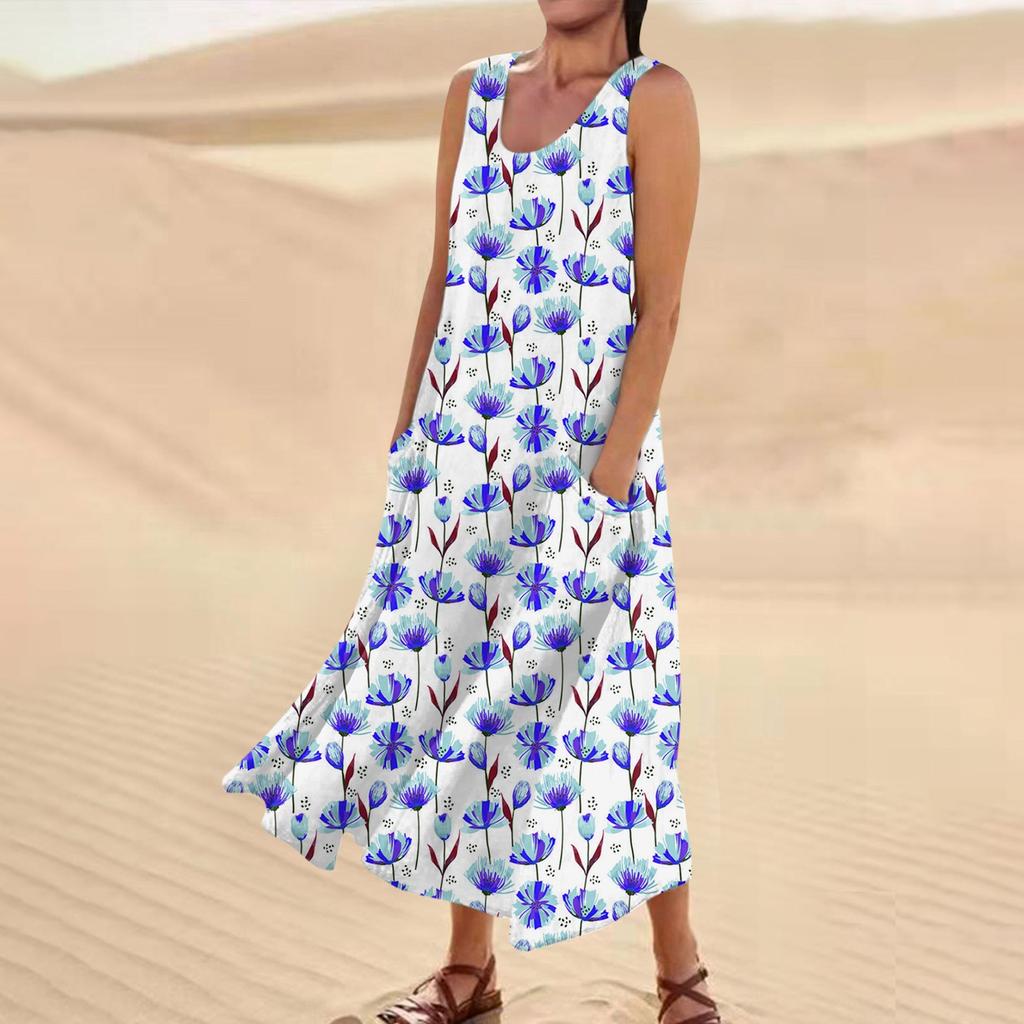 Женское повседневное удобное хлопковое карманное платье без рукавов с цветочным принтом