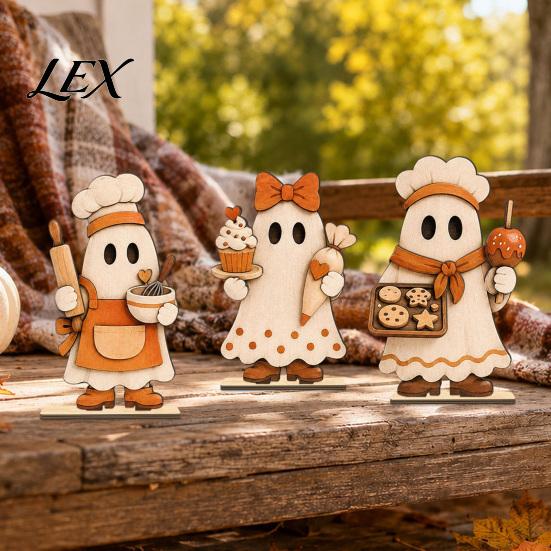 Decorative Wooden Fall Crafts 3 Pcs Vintage Ghost Tabletop Centerpiece, Rustic Chef Block Sign, Halloween Table Decor Freestanding Farmhouse