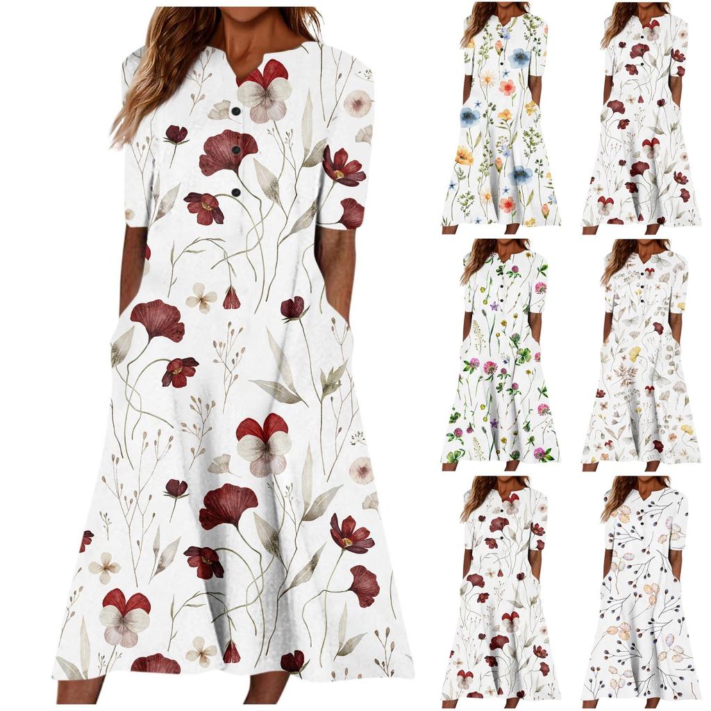 Summer Dress For Women Casual Floral  Printed V-Neck Short-Sleeve Button Pocket Beach Swing Dress