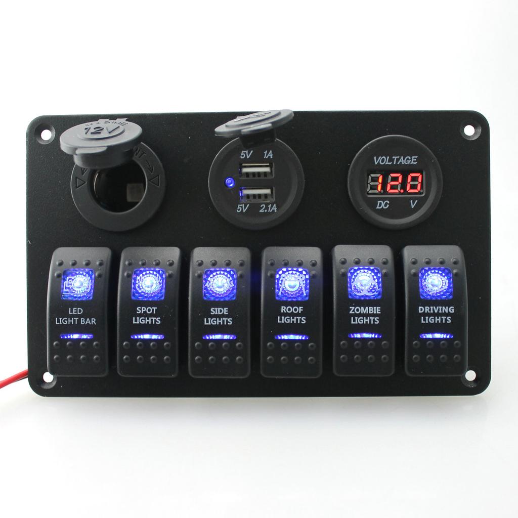 DC 12 V/24 V Car Marine Boat 6-Gang Waterproof Circuit Blue LED Rocker Switch Panel Breaker USB Charger Switches Relays