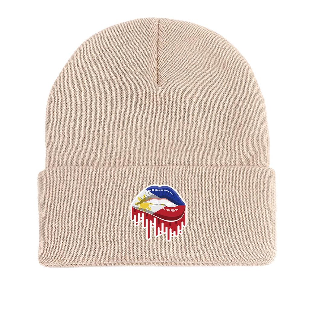 Lip Flag of Philipines Winter Knit Hat Beanie, Patriotic Skull Cap Thermal Slouchy Solid Bonnet Knitted Cap Beanie