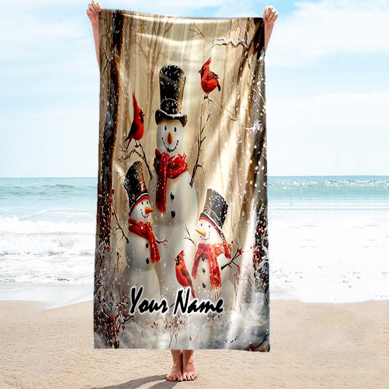 1PC Custom Name Snowmen Cardinals Winter Beach Towel Highly Absorbent And Sand-Resistant Towel for Swimming, Pool, Yoga, And Travel Lightweight