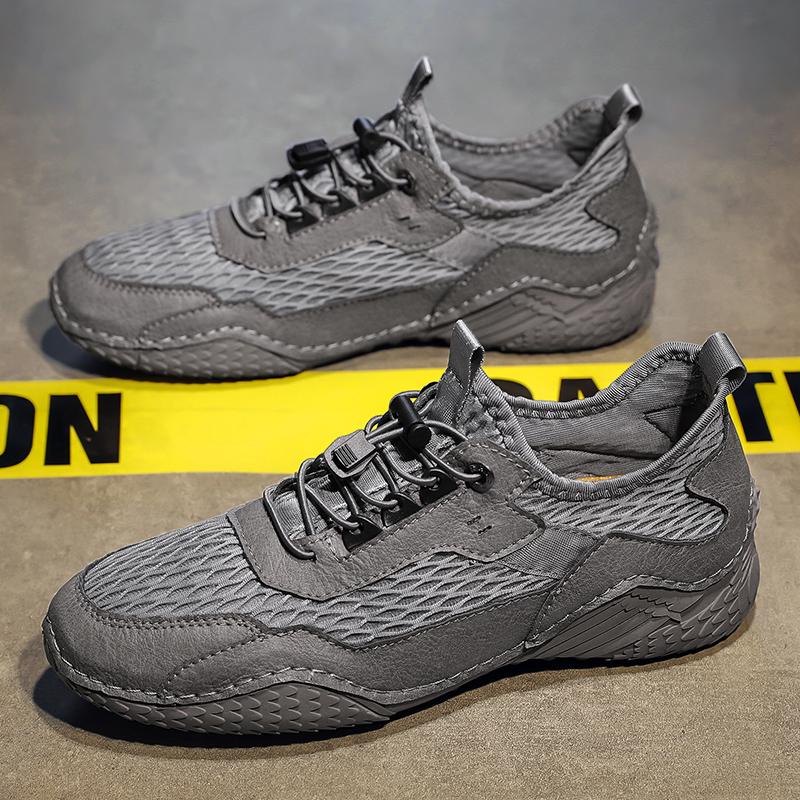 Мужская обувь из натуральной кожи, летние дышащие теннисные мужские сандалии с отверстиями для отдыха на открытом воздухе, сетчатые пляжные серые кроссовки для спорта и отдыха