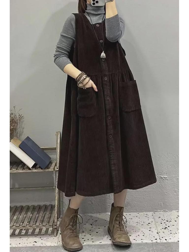 Платье-жилет из вельвета в стиле ретро осень/зима 2024 года — свободная, омолаживающая, универсальная юбка для женщин