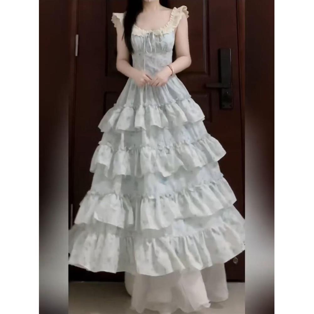 Колледжский синий цветочный пышное платье женское летнее дофаминовое милое вышивка на бретелях платье-торт с талией