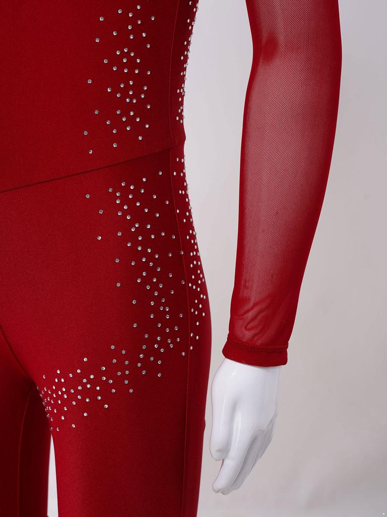 Комбинезон для танцев для девочек, блестящие стразы, прозрачная сетка пэчворк, спинка с вырезом-капелькой, длинный рукав, гимнастический костюм