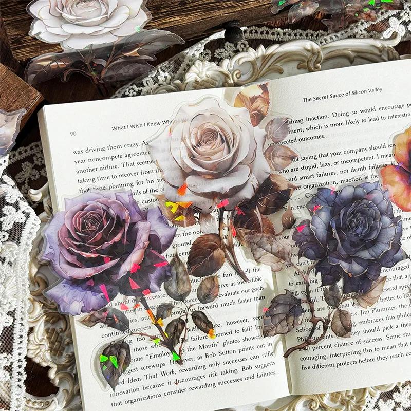 8patterns/pack PET Big Size Rose Stickers Collage Materials DIY Scrapbooking Supplies Aesthetics Sticker Stationery