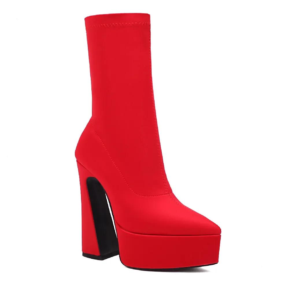 Женские ботильоны на платформе, на высоком толстом каблуке, с острым носком, розово-красные, фиолетовые, из эластичного атласа, для вечеринки, клуба, женские осенние короткие ботинки-слипоны