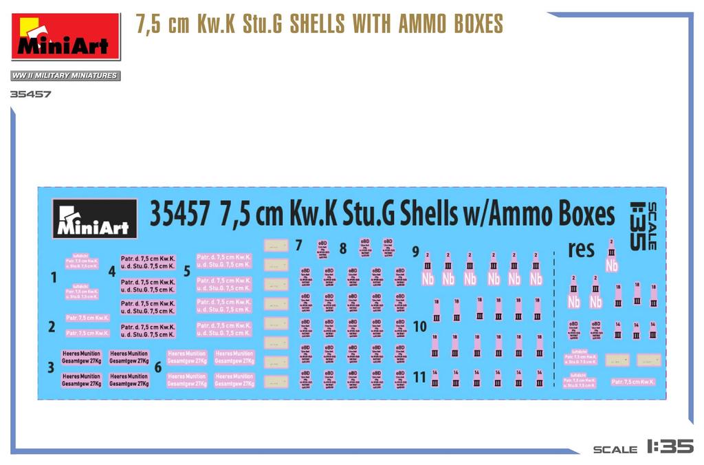 Miniart 1/35 German 7.5 Cm Kw.K Stug III Artillery Shell w/Ammunition Box Plastic Model MA35457