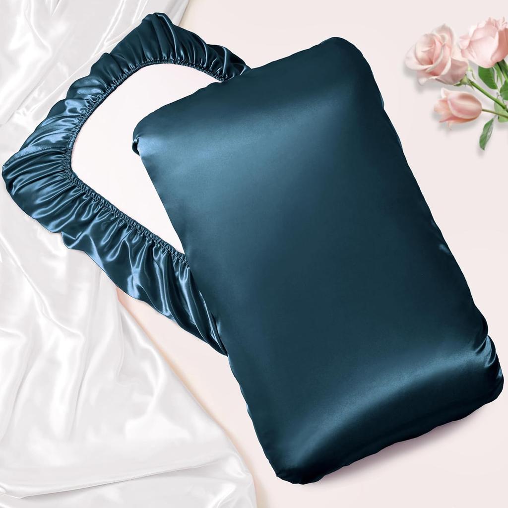 Manyshofu Атласные Наволочки для Защиты Волос - 1 шт. Темно-синие Наволочки, Эластичная Лента, Стандартный и Queen Размеры, Атласные Наволочки, Роскошные Шёлковые Наволочки