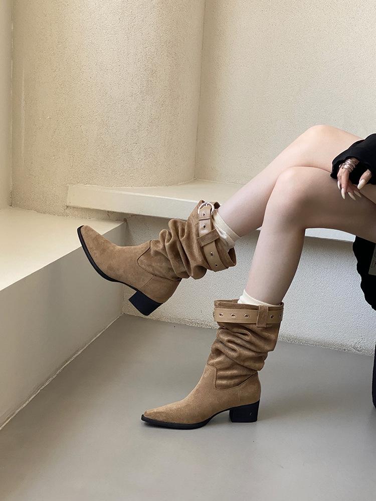 Soft-soled Retro Stacking Boots Thick-heeled Short Boots Women's 2025 New Autumn Long Tube Slim Western Cowboy Martin Boots Tide