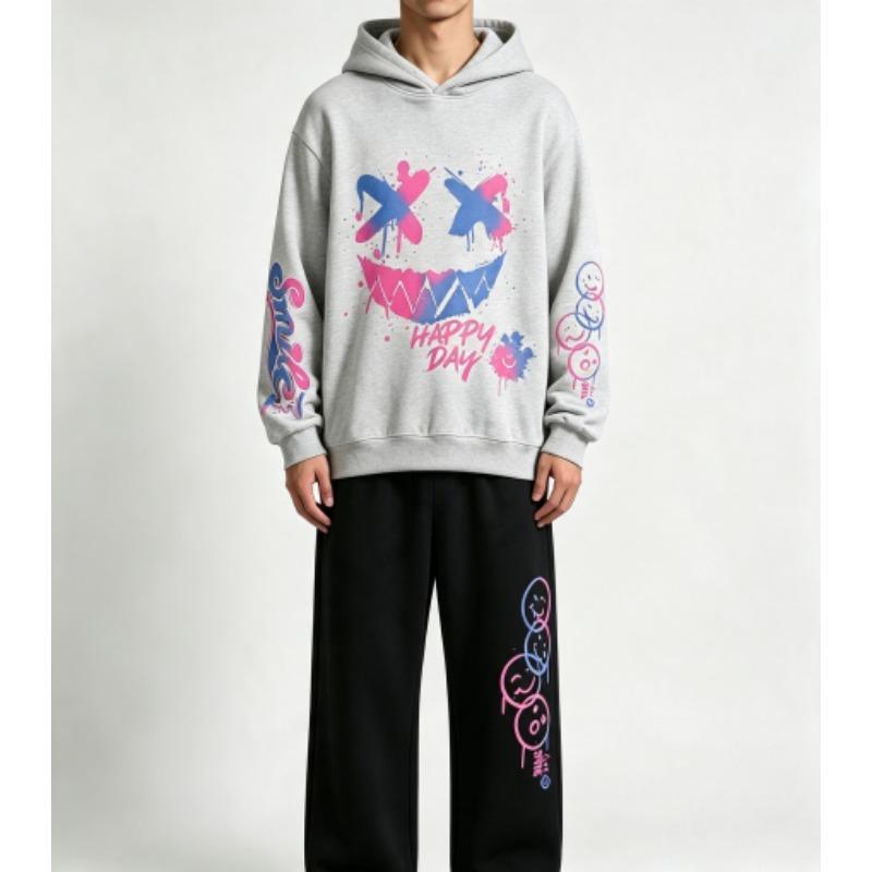 Happy Day Graffiti Print Kids Pullovers Pants 2-piece Set Street Casual Fashion Hoodies Vintage Boy's Girl Clothes