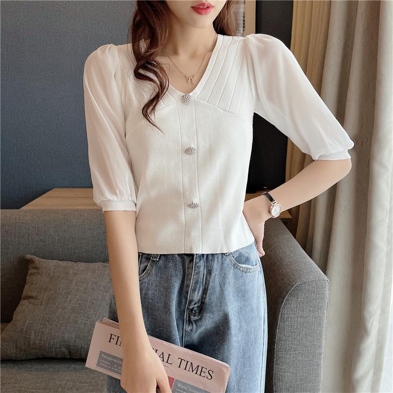 Модные трикотажные топы женские тонкие летние темпераментные элегантные короткие рукава V-образный вырез шифоновая трикотажная рубашка повседневные основные облегающие пуловеры футболки