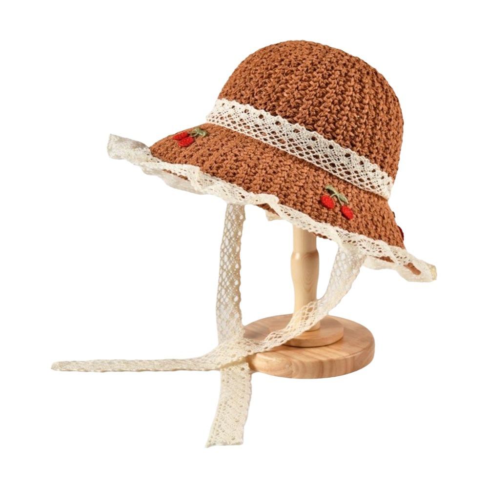 Cherry Embroidered Straw Fisherman Hat Lace Woven Bucket Hat Unique Women Sun Hat Ladies
