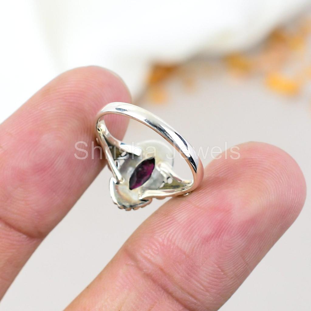 Гранатовое серебряное кольцо с бриллиантами в форме маркиза ручной работы для женщин