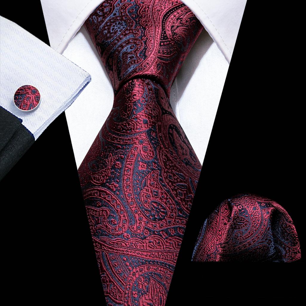 Barry.Wang Necktie Hankerchief Cufflinks Set Earth Yellow Paisley Jacquard Woven Wedding