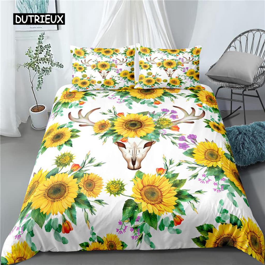 Комплект постельного белья с желтыми цветами Постельное белье с изображением подсолнухов Поля подсолнухов с напечатанными на них ботаническими цветами на закате Комплект постельного белья из полиэстера