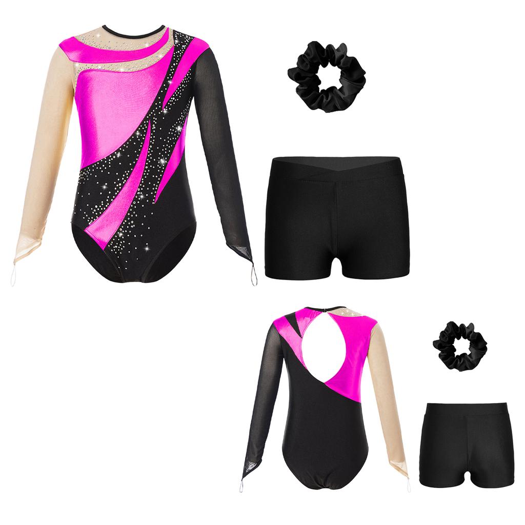 Kids Girls Metallic Long Sleeve Gymnastics Leotard with Shorts Hair Scrunchie Dance Unitard Biketards Dancewear