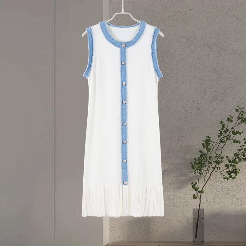 Трикотажное платье для женщин с О-образным вырезом без рукавов однобортные платья весна-лето женское модное платье с высокой талией