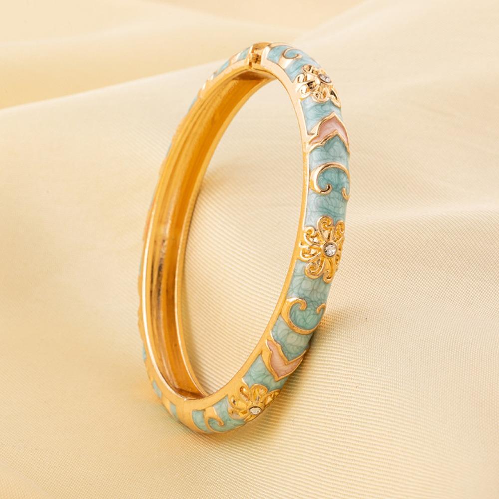 New Colorful Bangle Bracelet Gold Plated Chinese Style Enamel Flower Bracelet Elegant Handmade Cuff Bracelet Women