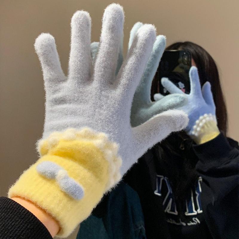 2025 Cute Bow Knitted Plush Gloves Autumn And Winter Warm Five-finger Cute Student Winter Gloves