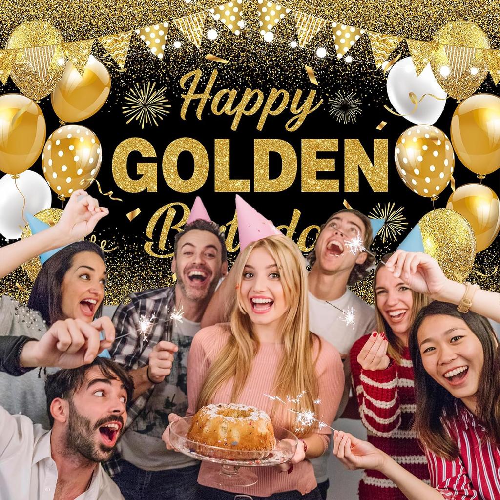 Черно-золотой баннер «Счастливый золотой день рождения» - Большой золотой фон для декора дня рождения для взрослых - Роскошные золотые украшения для вечеринки на 21-й, 30-й, 40-й,
