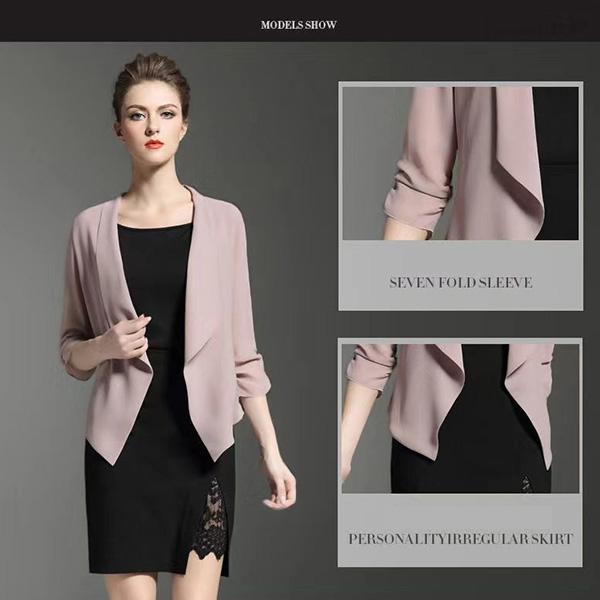 Women's Summer Spring Stretch 3/4 Gathered Sleeve Open Blazer Jacket Cardigan