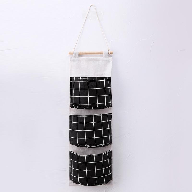 Grid Pattern Cotton Linen Three-Pocket Hanging Storage Bag