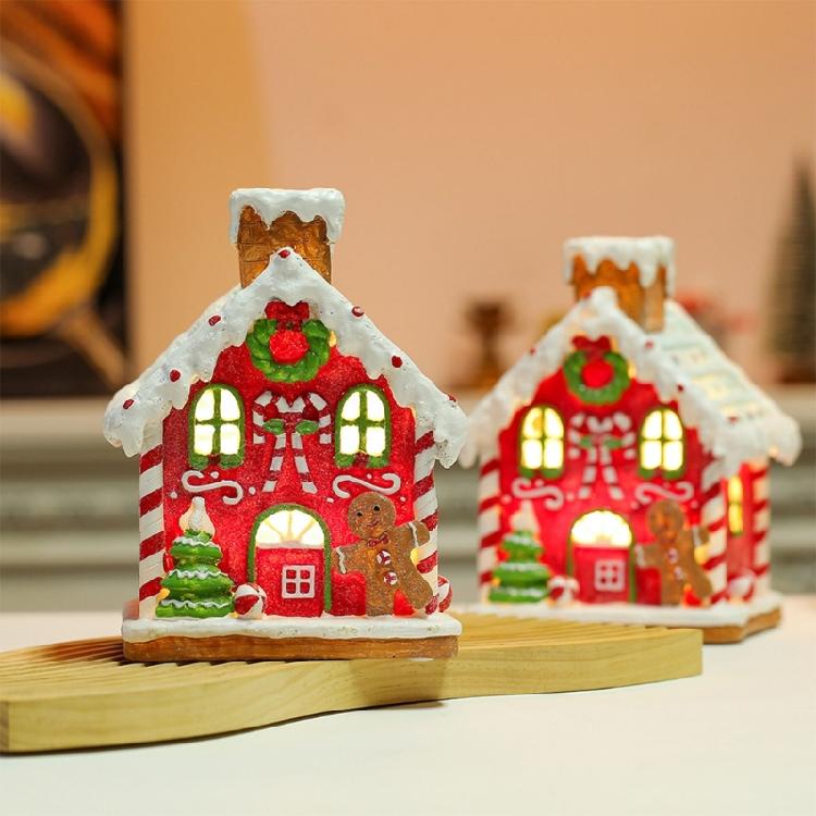 Christmas Decorations Glowing Music Box Cookie House Shaped Tabletop Ornament Decor Resin Crafts Holiday New Year Gifts