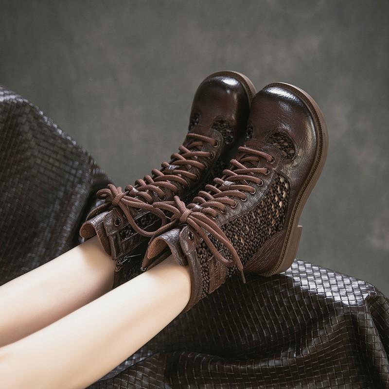 Johnature Ретро Дышащие Летние Ботильоны с Перфорацией из Натуральной Кожи Универсальная Модная Женская Обувь