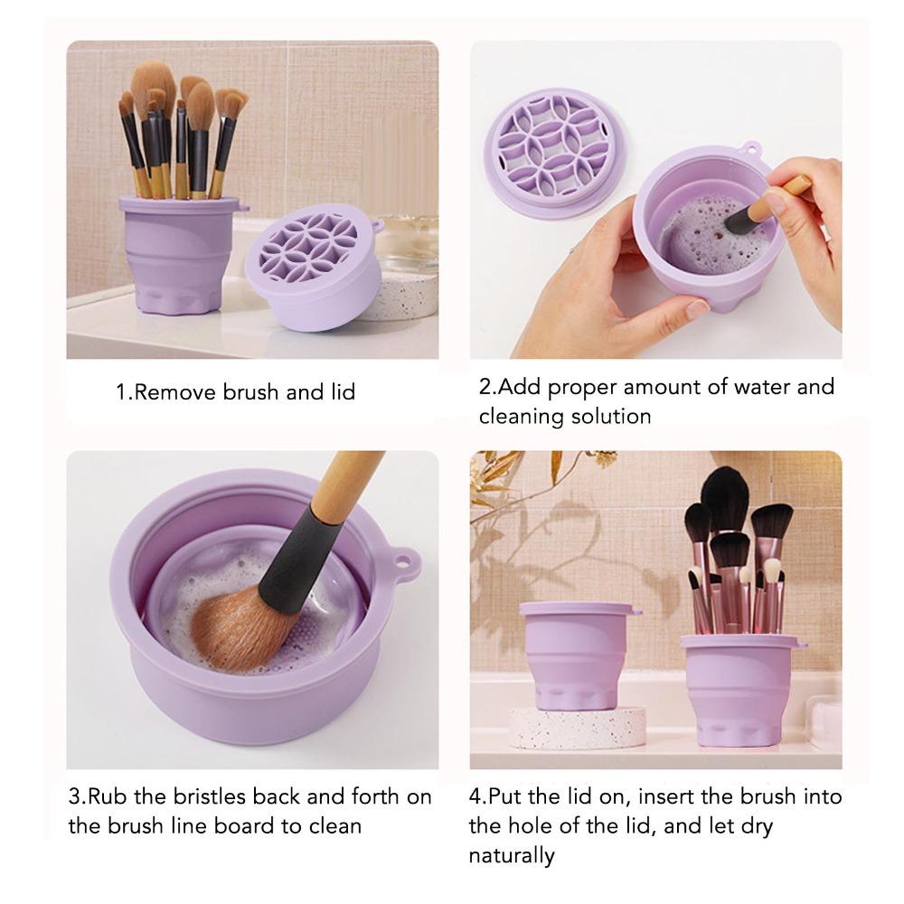 Portable Folding Makeup Brush Cleaner Cup Purple Silicone Scrubber Pad  Sponge and puff cleaning