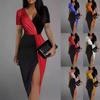 2024 Summer Fashion Sexy V-neck Sequins Spliced High Waist Slit Bodycon Midi Dress Women Short Sleeve Elegant Evening Party Dresses