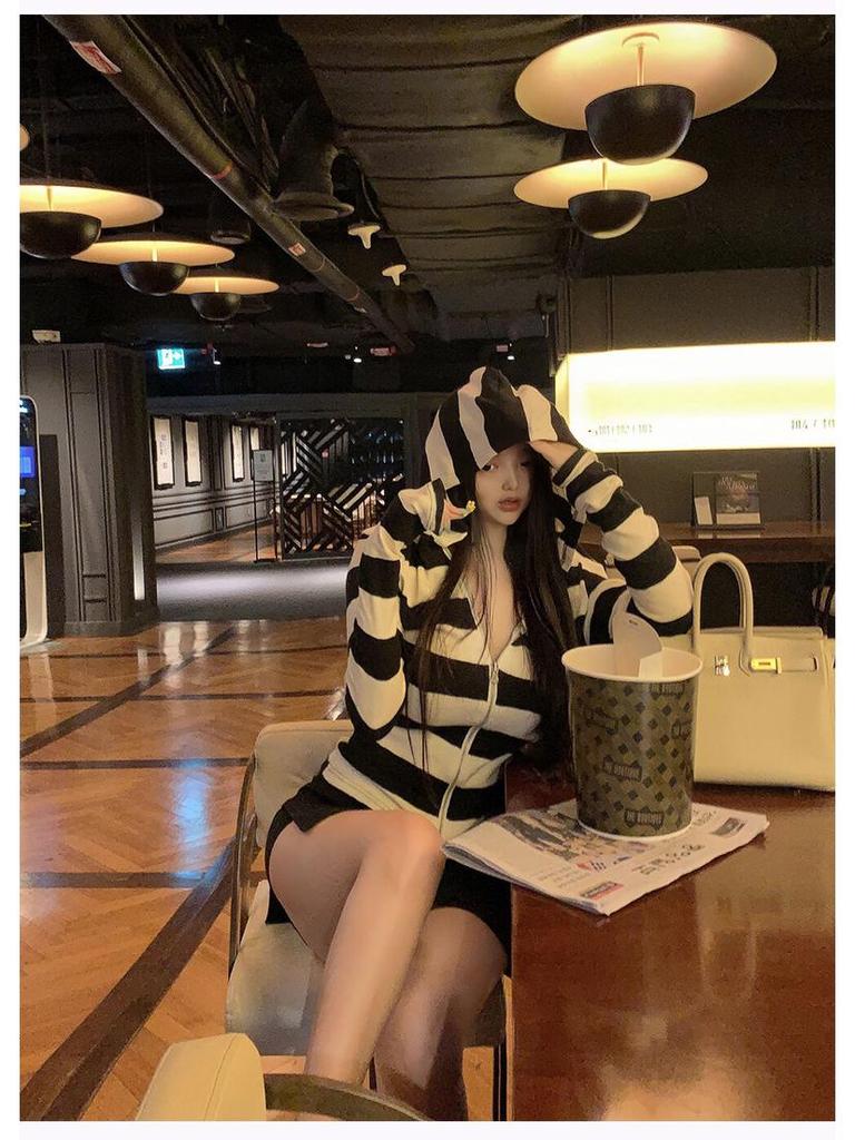 Корейский тонкий полосатый кардиган с капюшоном - Повседневный и универсальный стиль