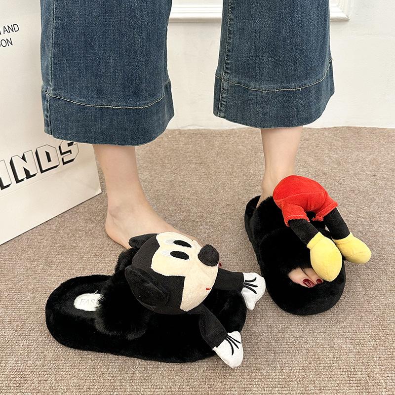 Мультяшные Микки Слипоны из замши, пушистые тапочки, женская осенне-зимняя мода, ретро, милые, для улицы, на толстой подошве, с закрытым носком