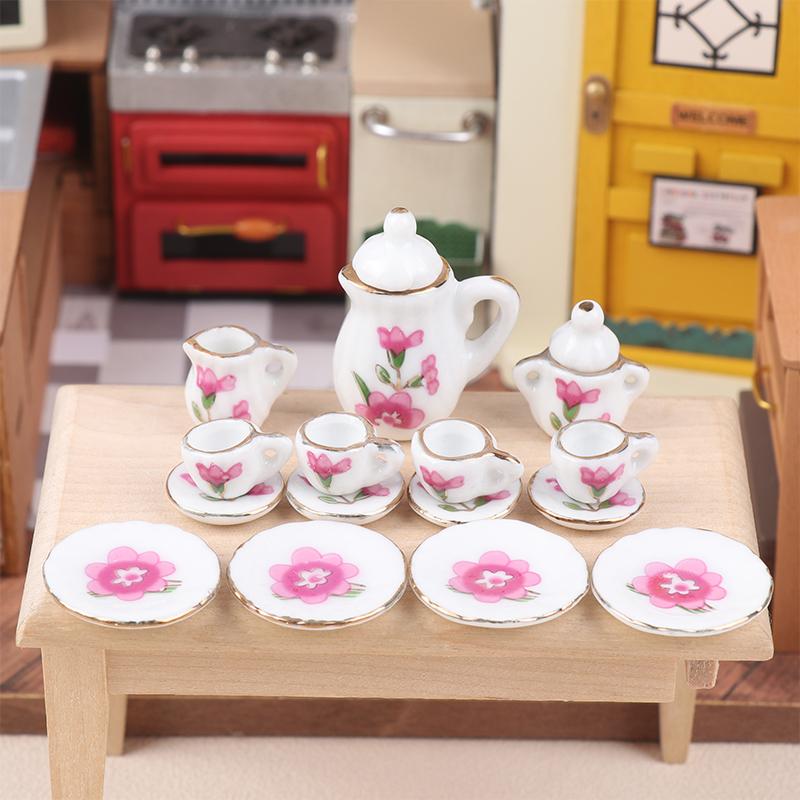 1Комплект 1:12 миниатюрных керамических чайных сервизов для кукольного домика, чашка, чайник, поднос, цветы, столовые приборы, кухонный декор, игрушечные аксессуары для кукольного домика