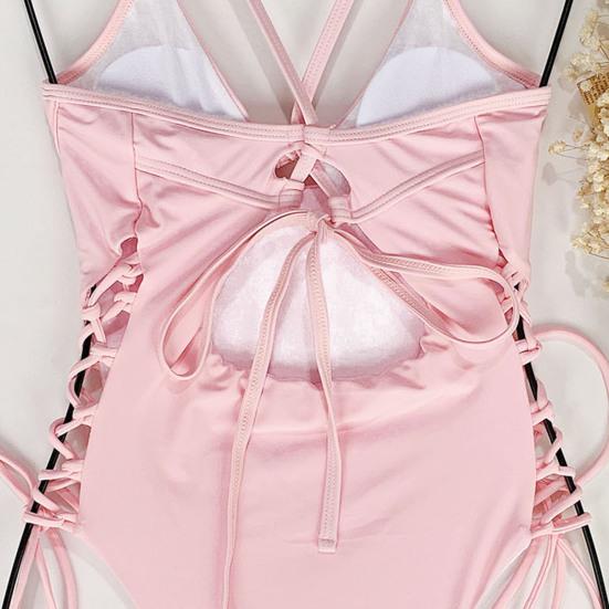 Women Swimsuit Solid Color One Piece Beachwear Padded Underwire Drawstring Swimwear Swimming