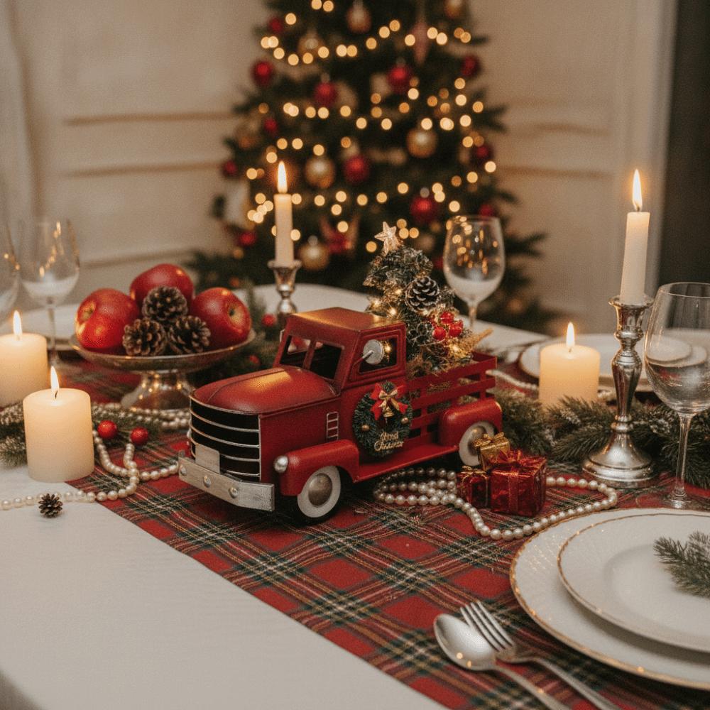 American Rustic Style Red Truck with Christmas Tree Ornament Desktop Truck Figurine Collectibles