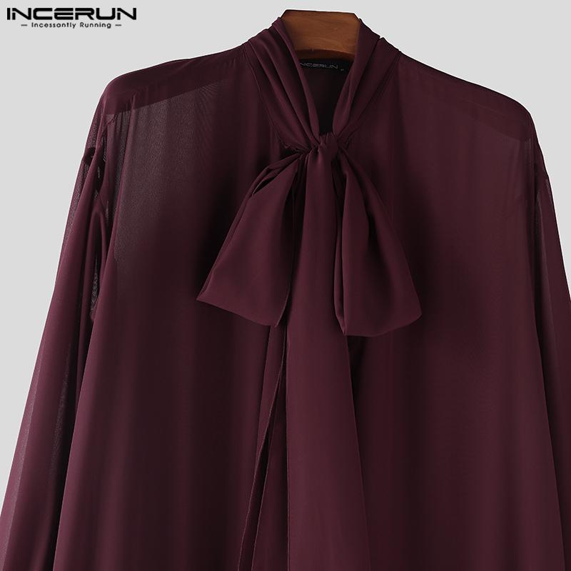 INCERUN Мужские топы с завязками на шее, длинными рукавами, оборками, неровными слоями, из сетки, длинные, для вечеринок и клубной одежды