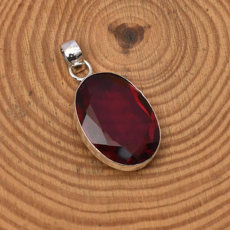 925 Sterling Silver Natural Red Garnet Gemstone Pendant Silver Chain Necklace