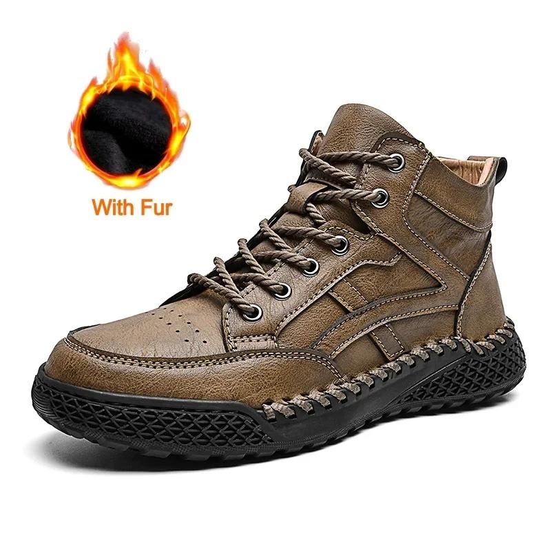 Fashion New 2024 Stylish Men Handmade Casual Leather Basic Boots Outdoor Antiskid Flat Design Hiking Sneakers Comfy Lace-Up Ankle Boots