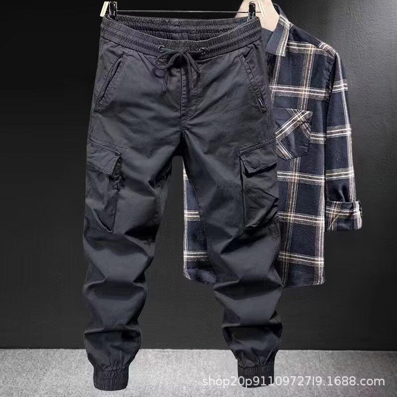 Casual Overalls Men's Spring and Autumn Loose Tied Feet Multi-pocket Solid Color Overalls Men