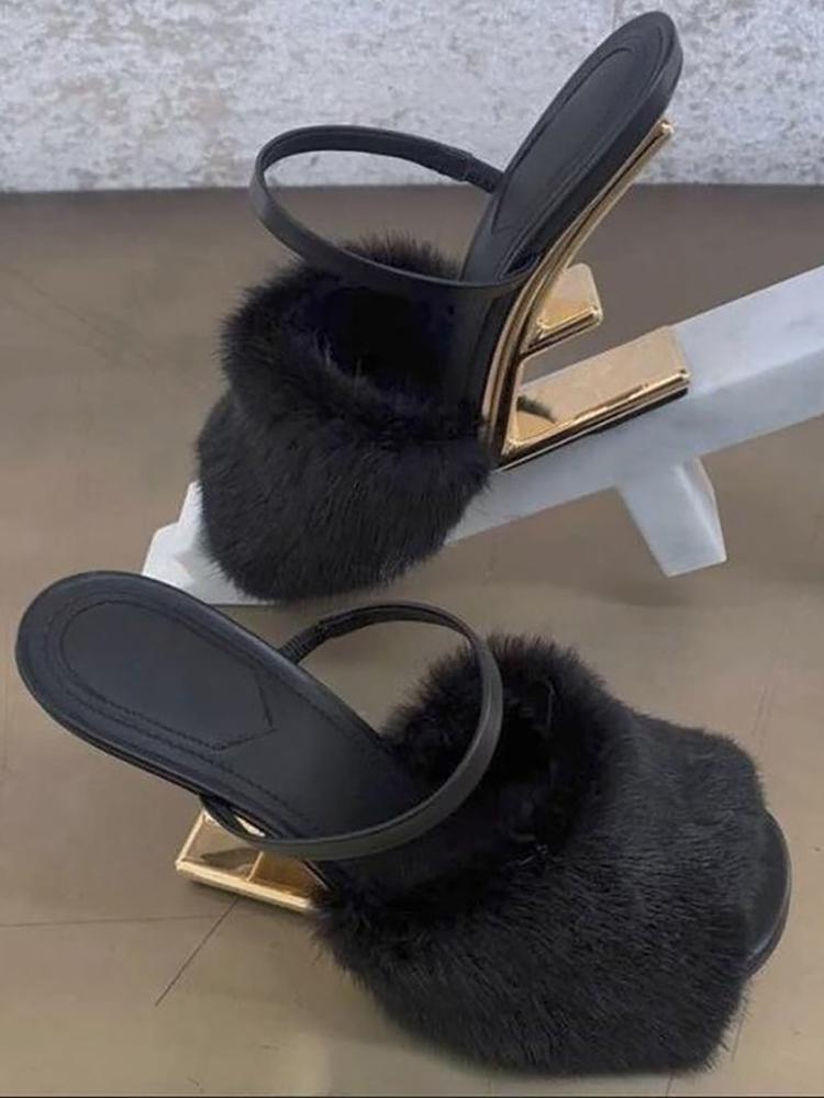 Early Spring 2026 Celebrity Furry Fish Mouth High Heels: Women's Versatile Outdoor Slide Sandals
