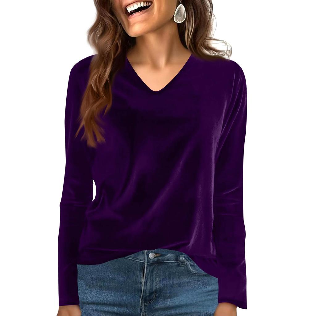 Women's Fashion Casual Velvet Solid Colour V-Neck Long-Sleeved T-Shirt Top