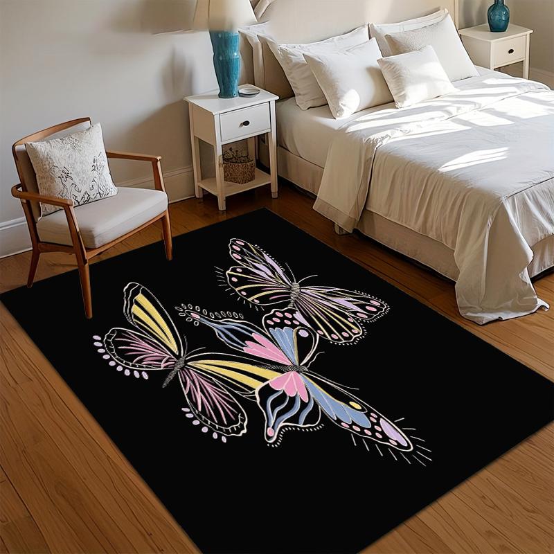 Soft Non-Slip Pastel Butterfly Area Rug with Colorful Trio Design on Black Background for Nursery Bedroom Living Room Decor