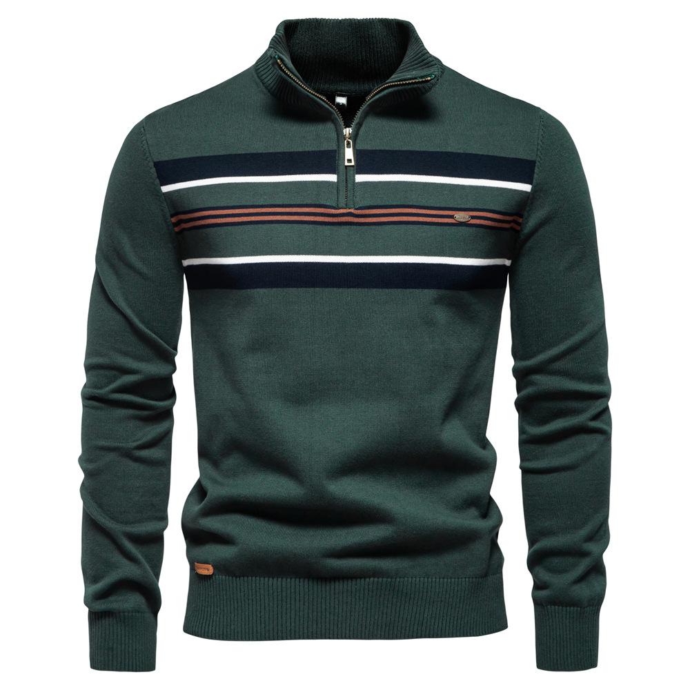 Men's Quarter Zip Up Long-Sleeve Sweaters Slim Fit Lightweight Mock Neck Pullover Casual Polo Sweaters Fall Winter Warm Striped Sweater for Men
