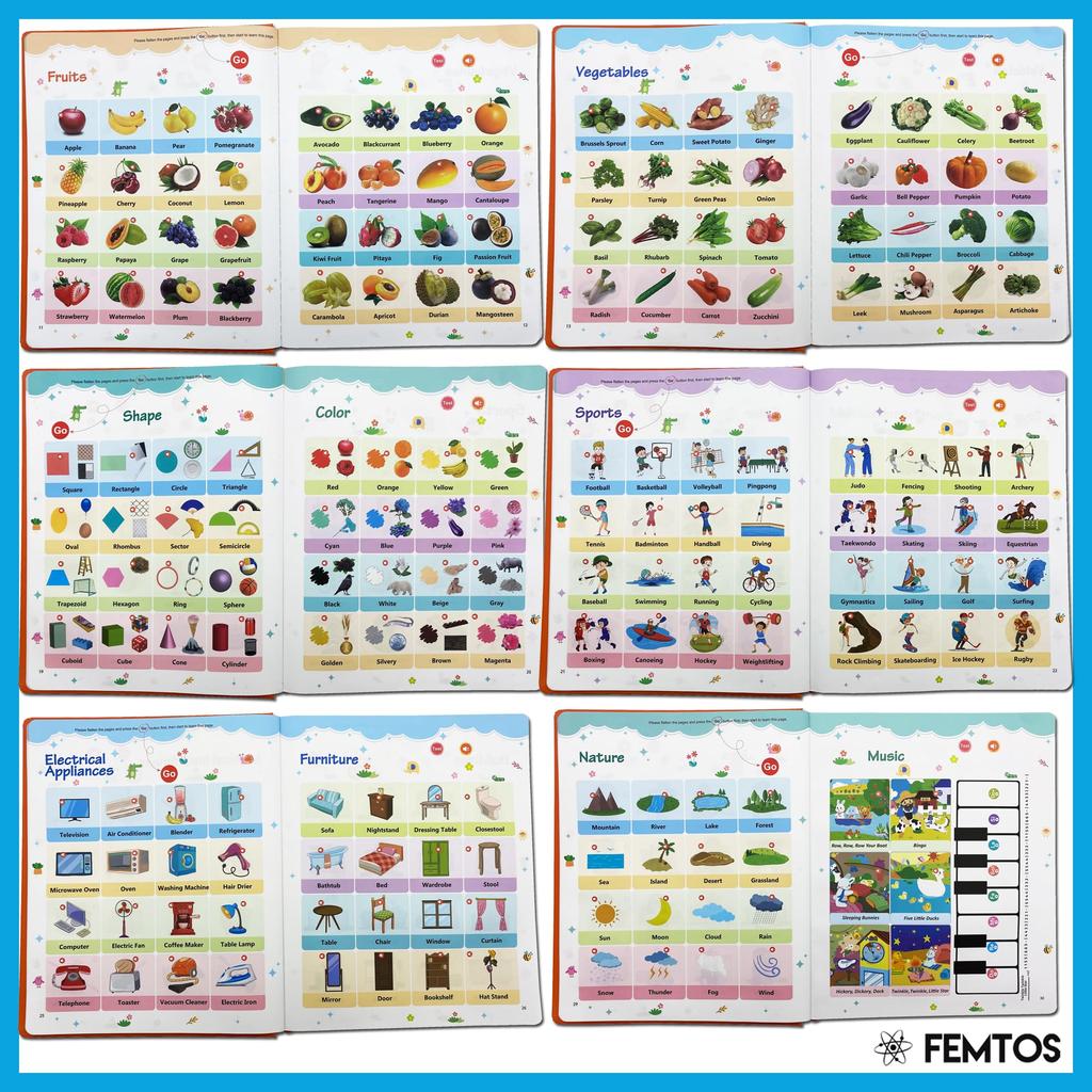 Femtos English Words Sound Book Learn Basic English Words Through Sound Montessori Talking Book 6 Picture Book with Sounds English Flash Cards