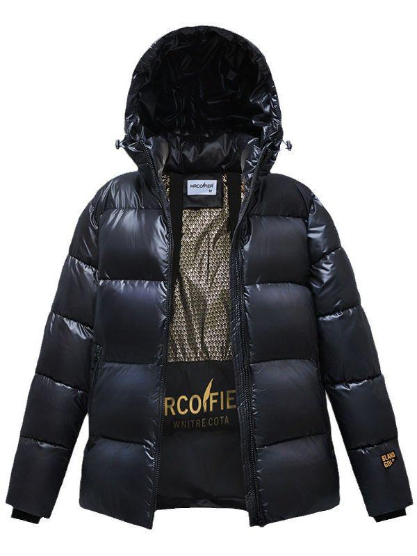 Unisex Black and Gold Hooded Down Cotton Coat: Loose, Thick, and Stylish Winter Jacket