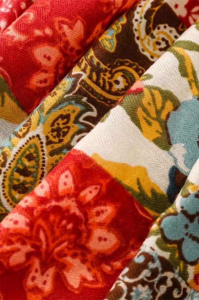 Boho Patchwork Scarf Red and Green - Patterned, 180X90